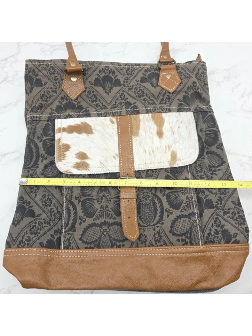 Myra Bag Tote Handbag Womens Brown Canvas Cowhide Leather Floral Western Boho